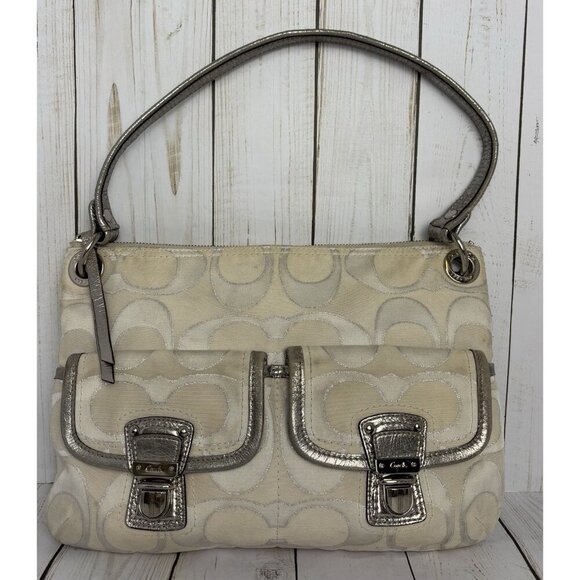 Coach Silver Poppy Signature Sateen Shoulder Bag A1269-18980 EUC 13x9x1 Drop 8” - Picture 1 of 13